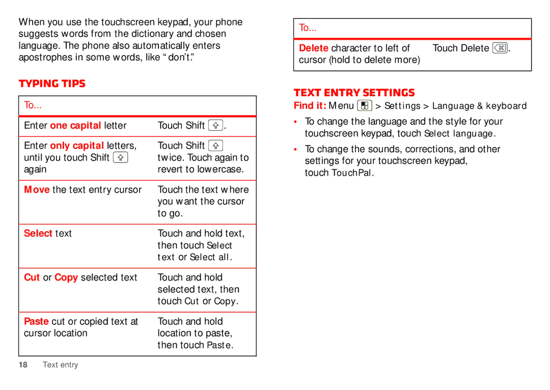 Motorola WX435 manual Typing tips, Text entry settings, Select text 