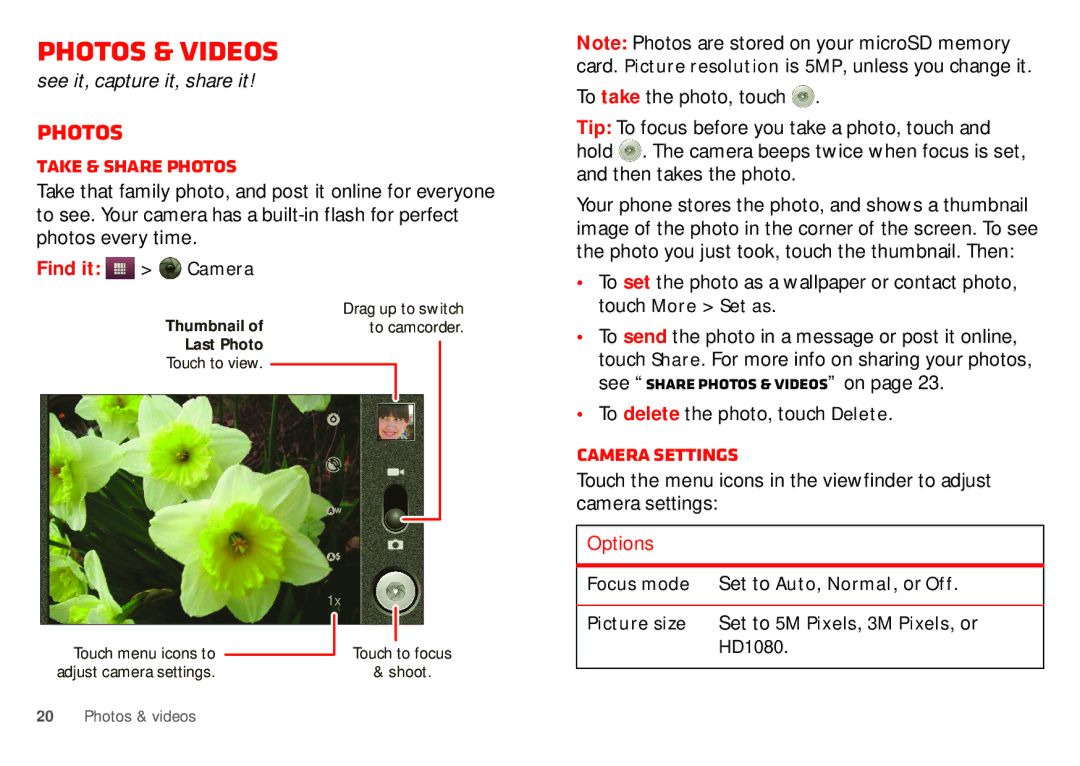 Motorola WX435 manual Photos & videos, Take & share photos, Camera settings, Find it Camera 