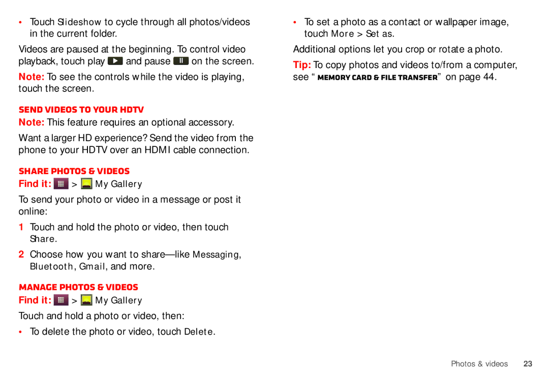 Motorola WX435 manual Send videos to your Hdtv, Share photos & videos, Manage photos & videos 