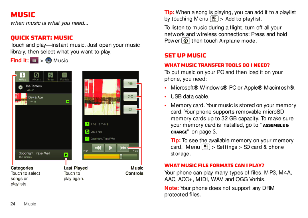 Motorola WX435 manual Quick start Music, Set up music, What music transfer tools do I need? 