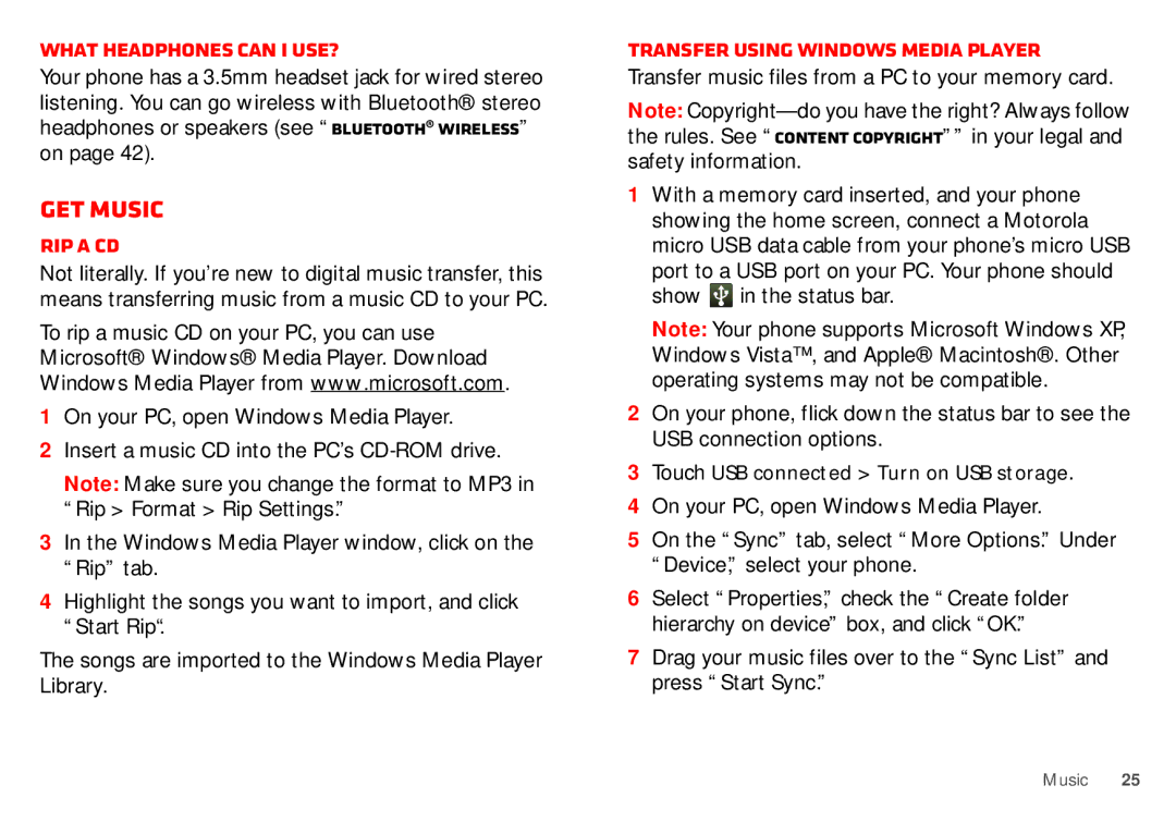 Motorola WX435 manual Get music, What headphones can I use?, Rip a CD, Transfer using Windows Media Player 