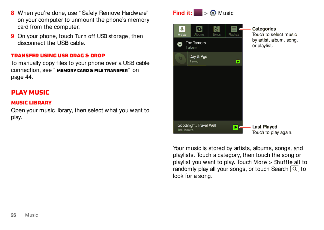 Motorola WX435 manual Play music, Transfer using USB drag & drop, Music library, Find it 