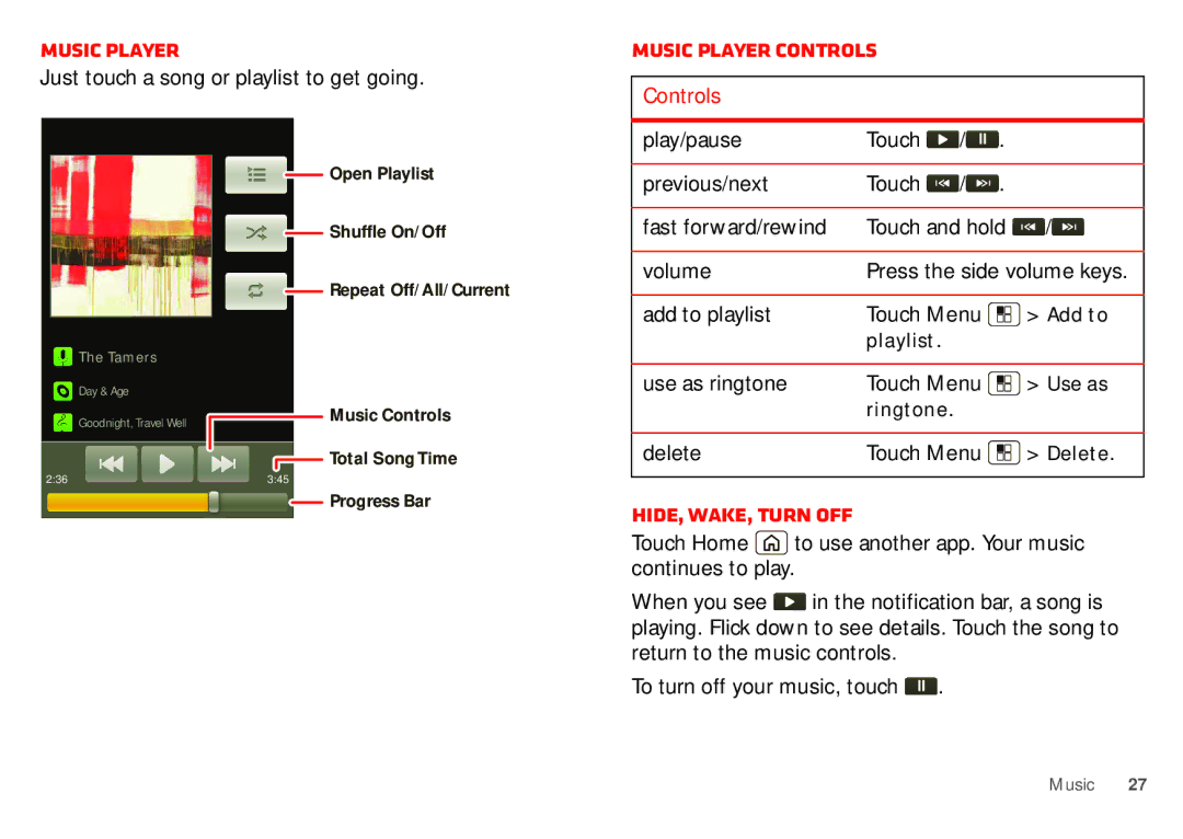 Motorola WX435 manual Music player controls, Hide, wake, turn off 