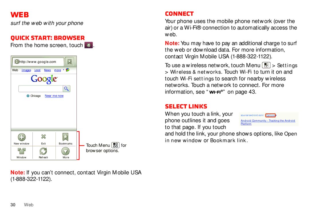 Motorola WX435 manual Web, Quick start Browser, Connect, Select links 