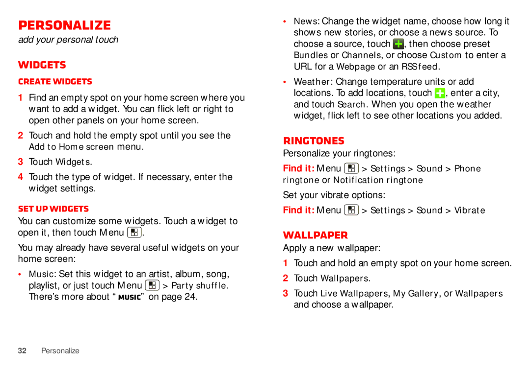 Motorola WX435 manual Personalize, Ringtones, Wallpaper, Create widgets, Set up widgets 