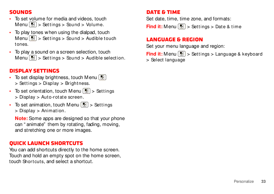 Motorola WX435 manual Sounds, Display settings, Quick launch shortcuts, Date & time, Language & region 