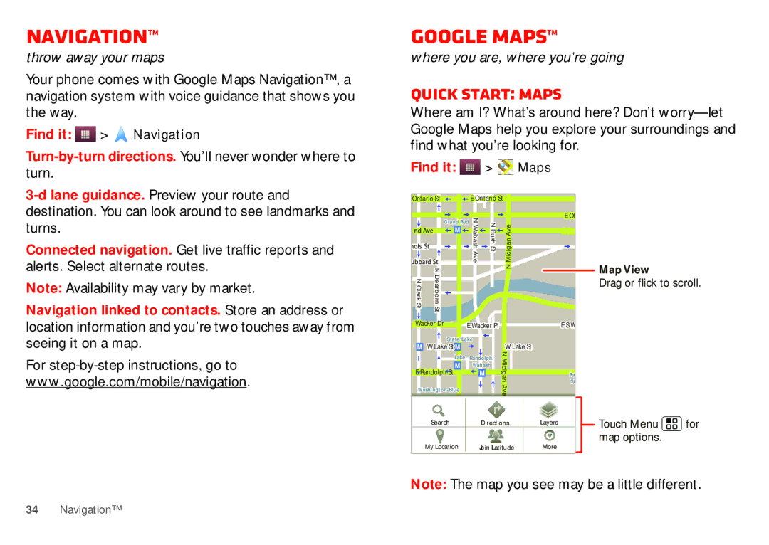 Motorola WX435 manual Navigation, Google Maps, Quick start Maps, Find it Maps 