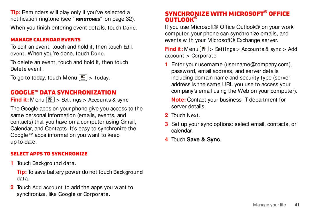 Motorola WX435 manual Google data synchronization, Synchronize with Microsoft Office Outlook, Manage calendar events 