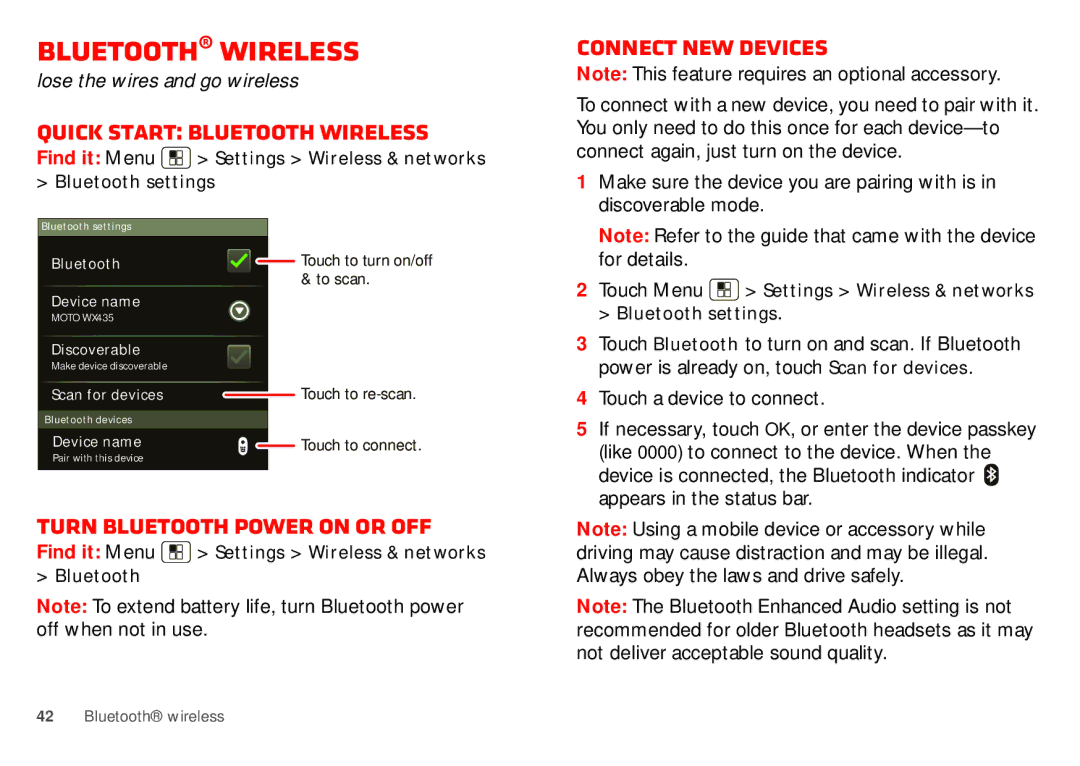 Motorola WX435 Quick start Bluetooth wireless, Connect new devices, Turn Bluetooth power on or off, Discoverable mode 