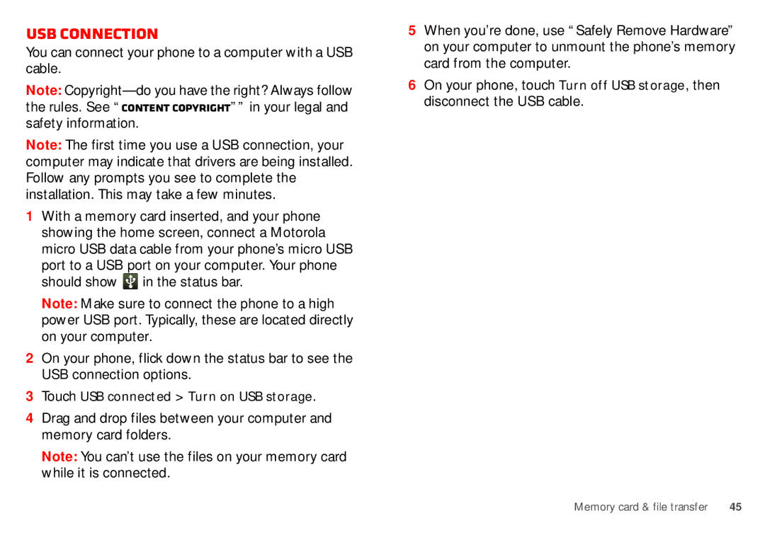 Motorola WX435 manual USB connection, You can connect your phone to a computer with a USB cable 