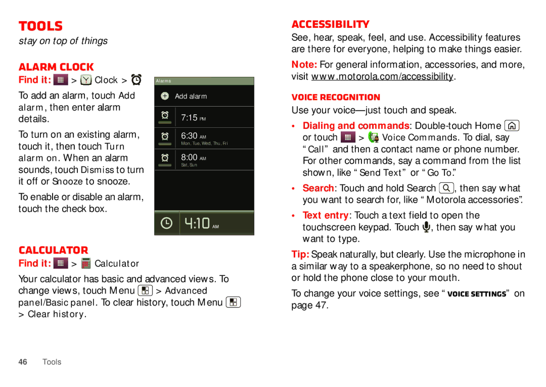 Motorola WX435 manual Tools, Alarm clock, Accessibility, Calculator, Voice recognition 