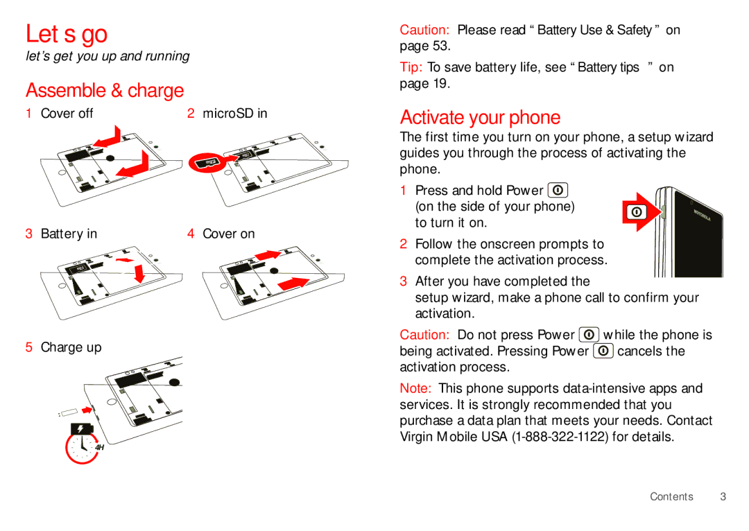 Motorola WX435 manual Let’s go, Assemble & charge, Activate your phone, Cover off, Battery Cover on 