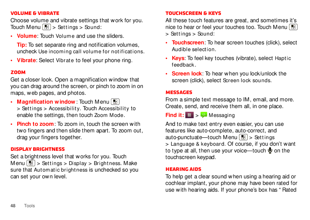 Motorola WX435 manual Volume & vibrate, Zoom, Display brightness, Touchscreen & keys, Messages, Hearing aids 