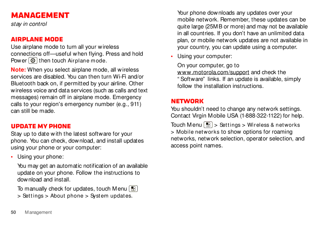 Motorola WX435 manual Management, Airplane mode, Update my phone, Network, Using your computer 