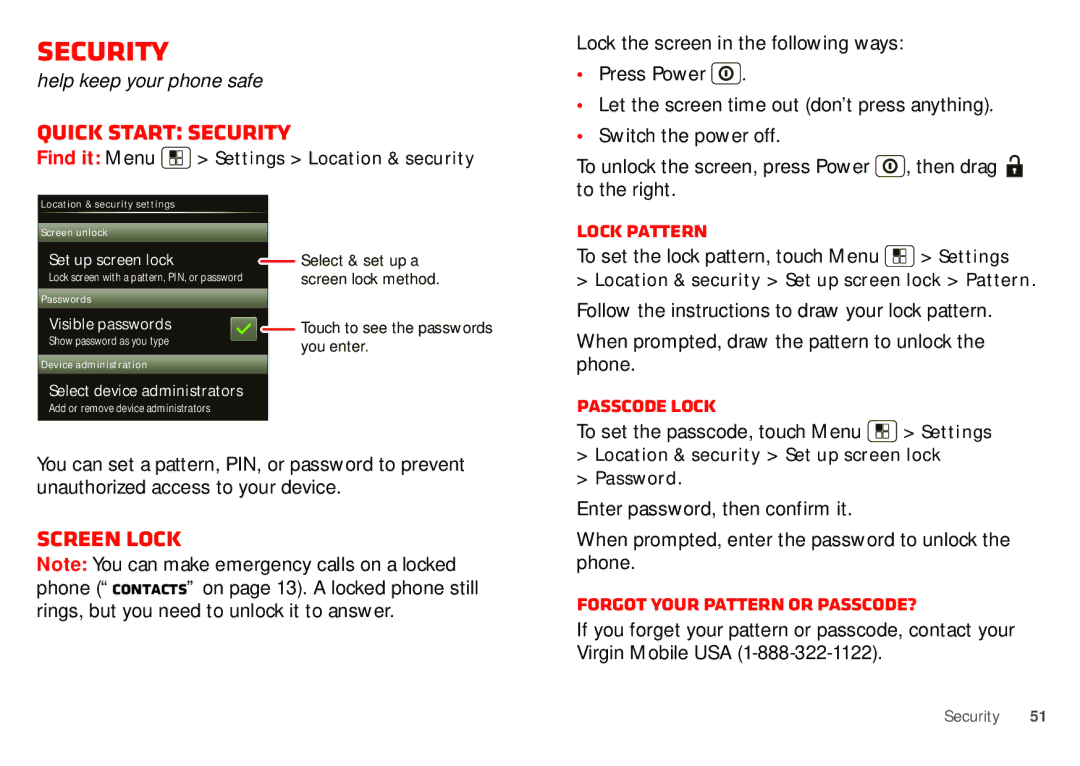 Motorola WX435 manual Quick start Security, Screen lock 