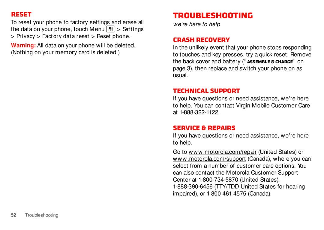 Motorola WX435 manual Troubleshooting, Reset, Crash recovery, Technical support, Service & Repairs 