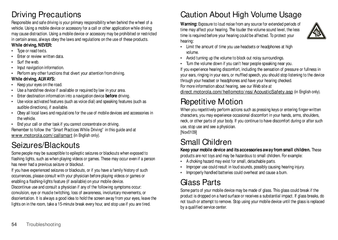 Motorola WX435 manual Driving Precautions, Seizures/Blackouts, Repetitive Motion, Small Children, Glass Parts 