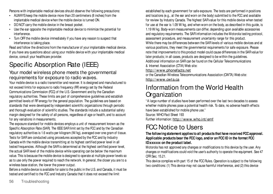 Motorola WX435 manual Specific Absorption Rate Ieee, Information from the World Health Organization, FCC Notice to Users 