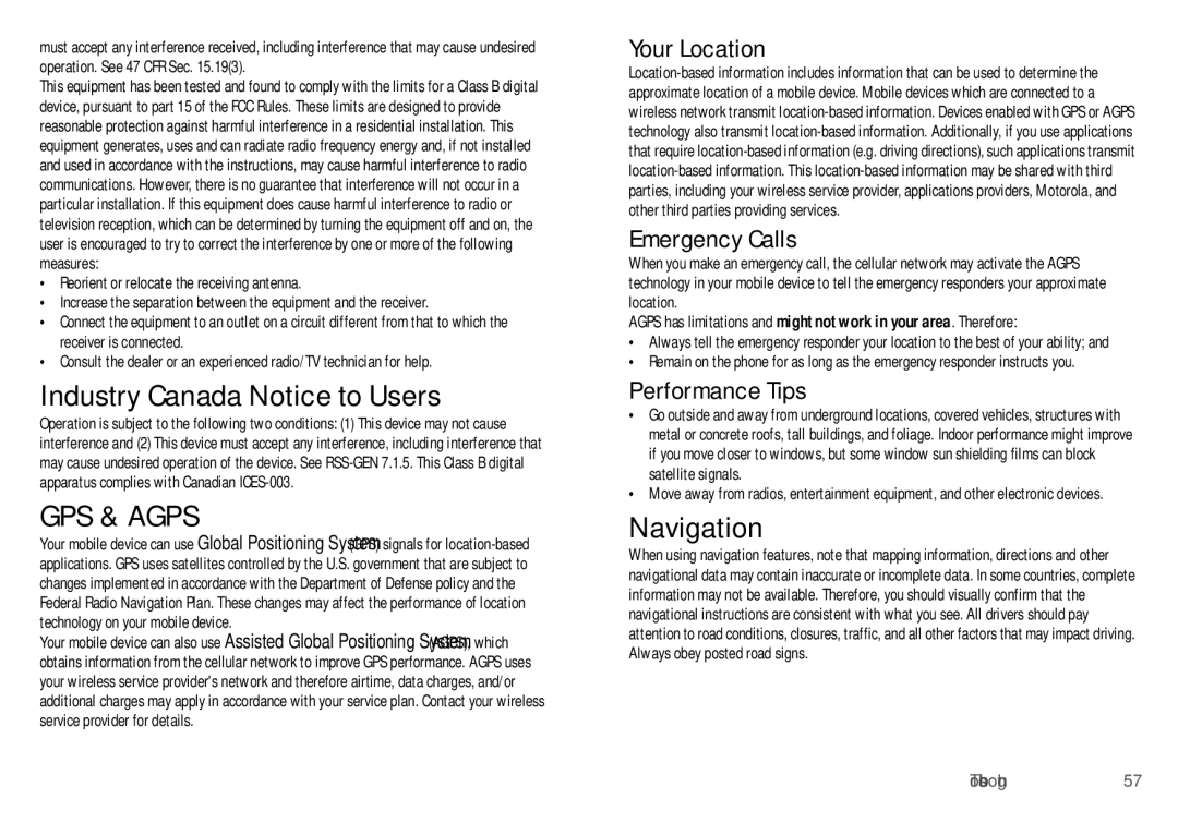 Motorola WX435 manual Industry Canada Notice to Users, Navigation 