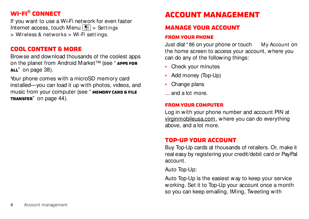 Motorola WX435 manual Account management, Wi-Fi connect, Cool content & more, Manage your account, Top-Up your account 