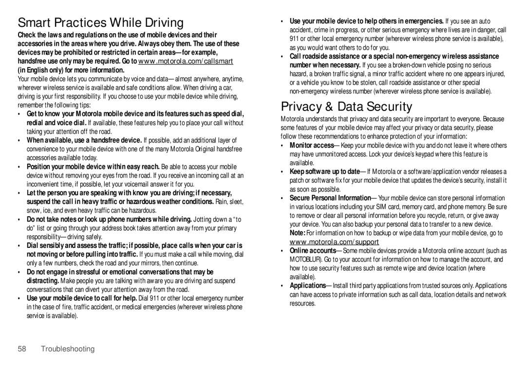 Motorola WX435 manual Smart Practices While Driving, Privacy & Data Security 