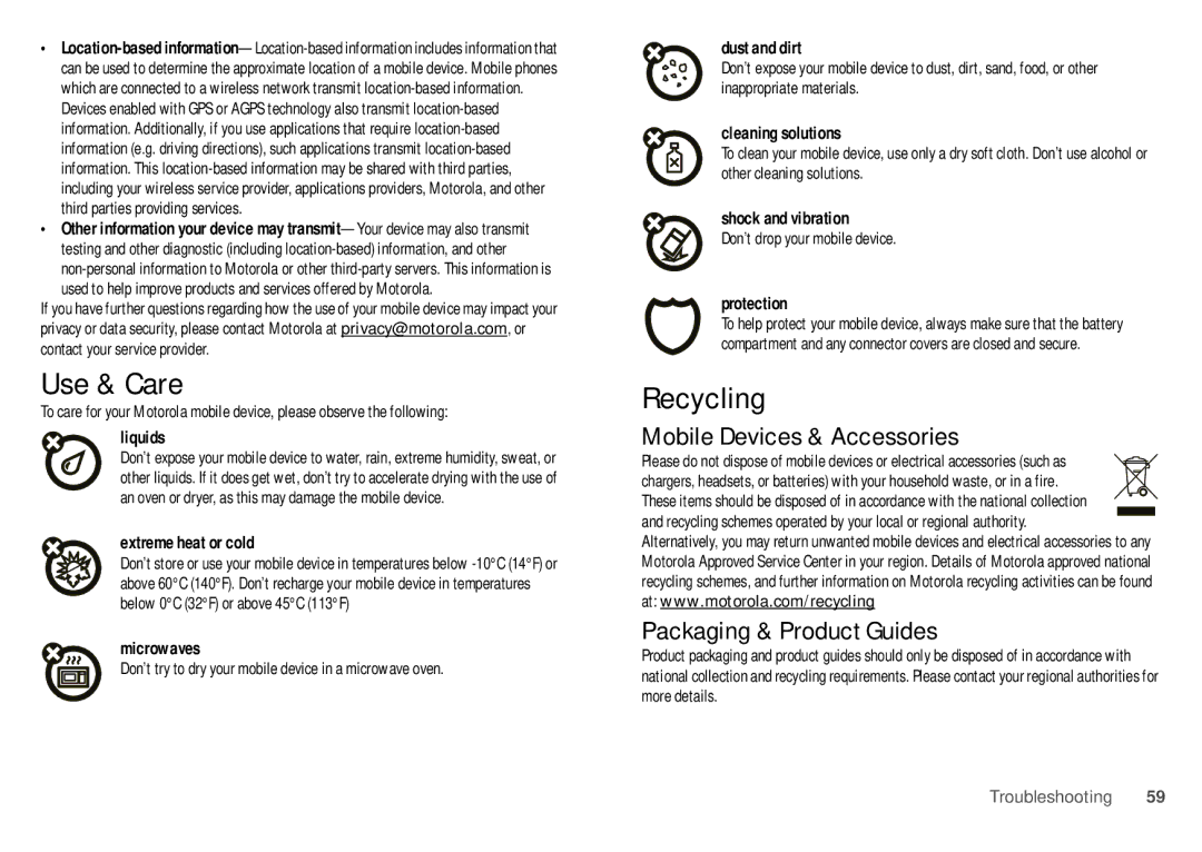 Motorola WX435 manual Use & Care, Recycling 