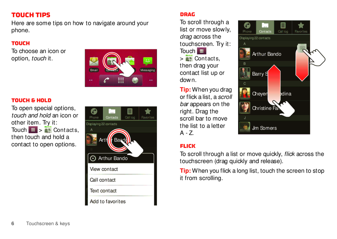 Motorola WX435 manual Touch tips, Drag, Touch & hold, Flick 