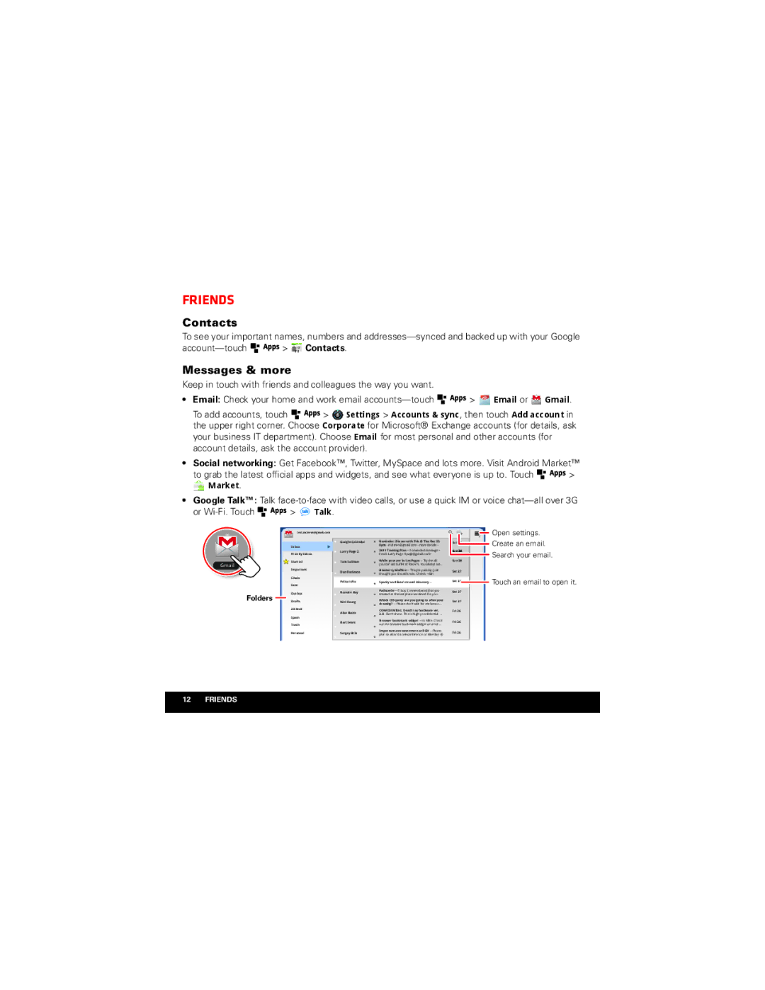 Motorola XOOM manual Friends, Messages & more, Account-touch Contacts, Or Wi-Fi. Touch Talk 