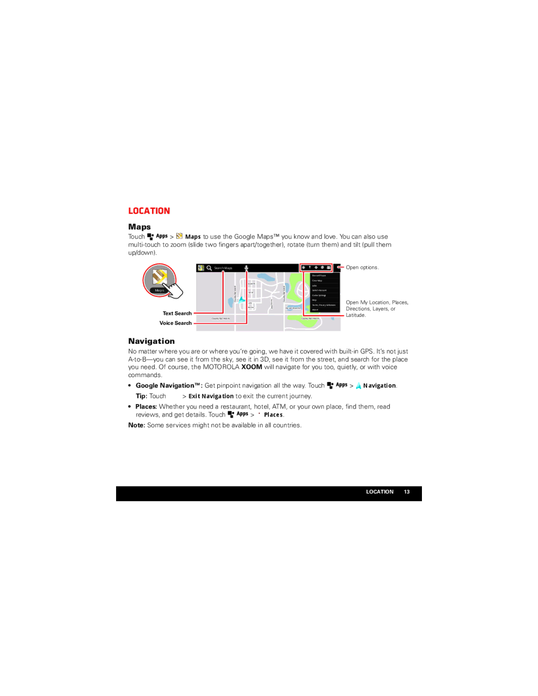 Motorola XOOM manual Location, Maps, Navigation 