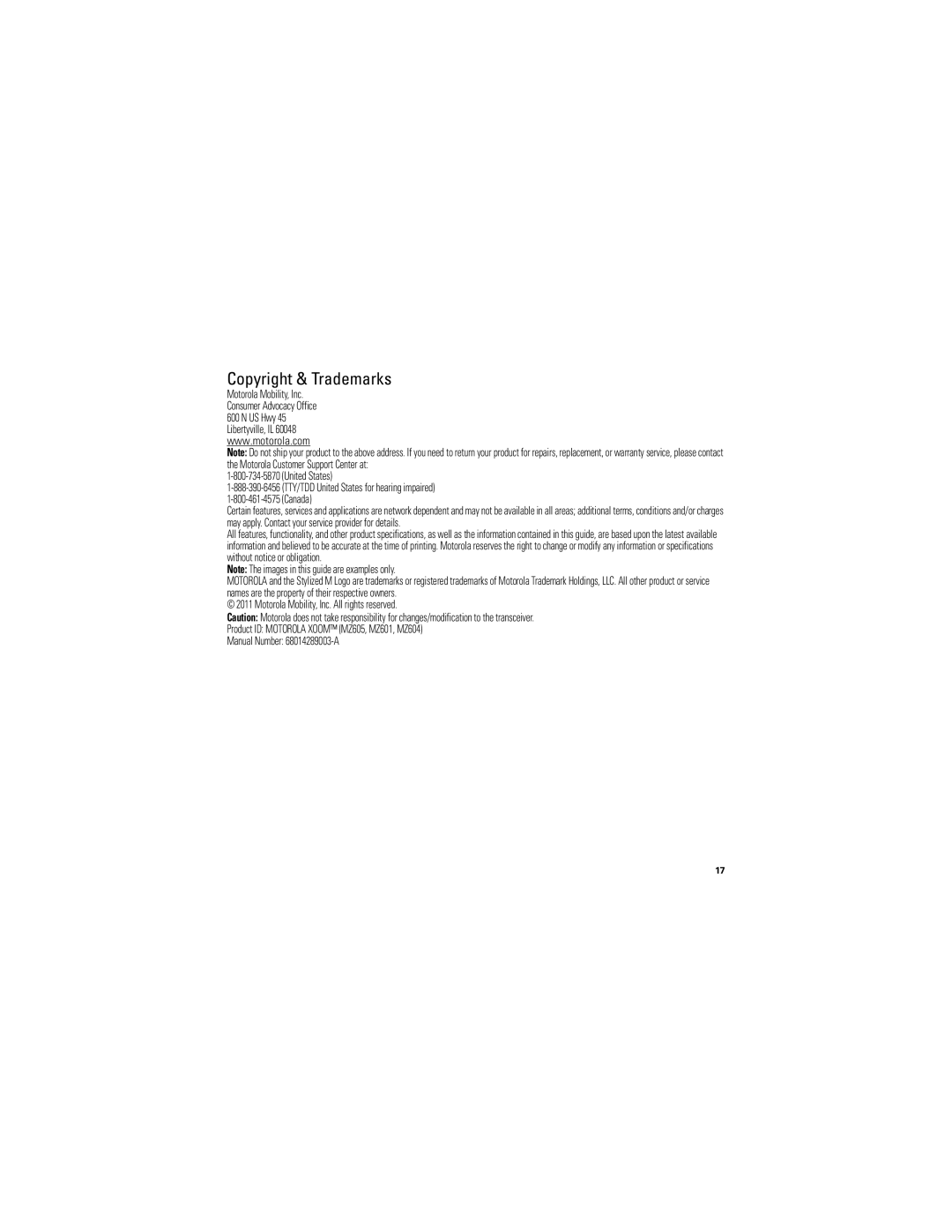 Motorola XOOM manual Copyright & Trademarks, United States Canada 