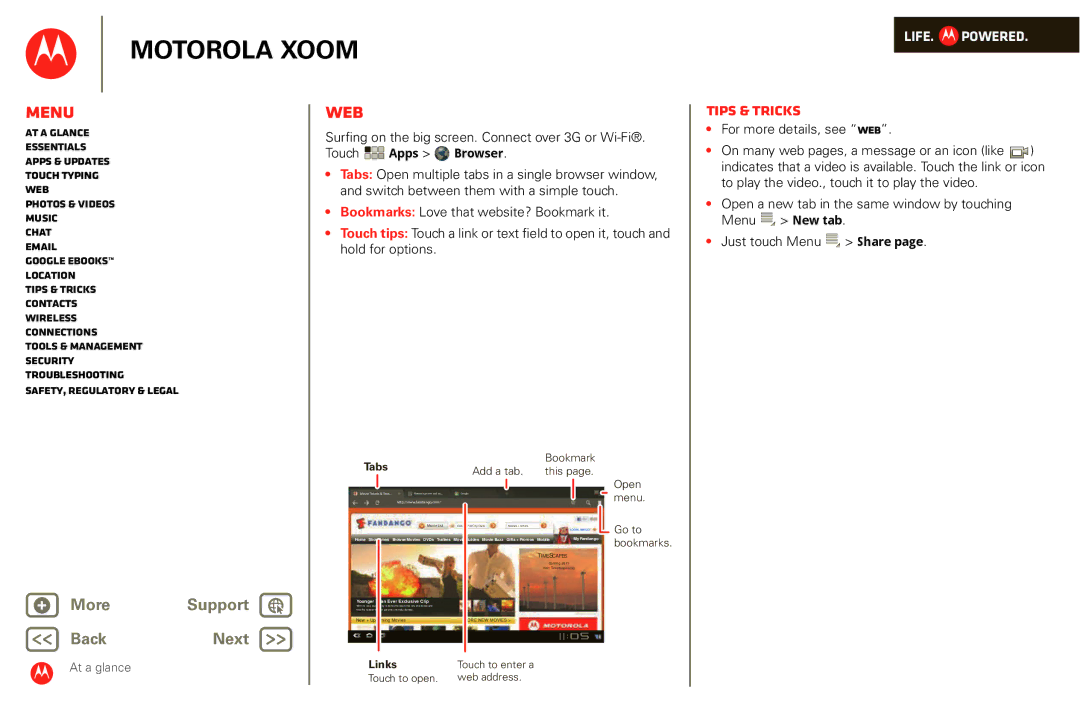 Motorola XOOM manual Web, Surfing on the big screen. Connect over 3G or Wi-Fi, Touch Apps Browser, Tabs, Links 