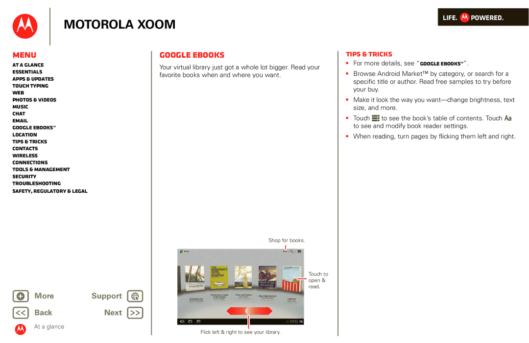Motorola XOOM manual Google eBooks, Shop for books, Touch to, Open, Read 