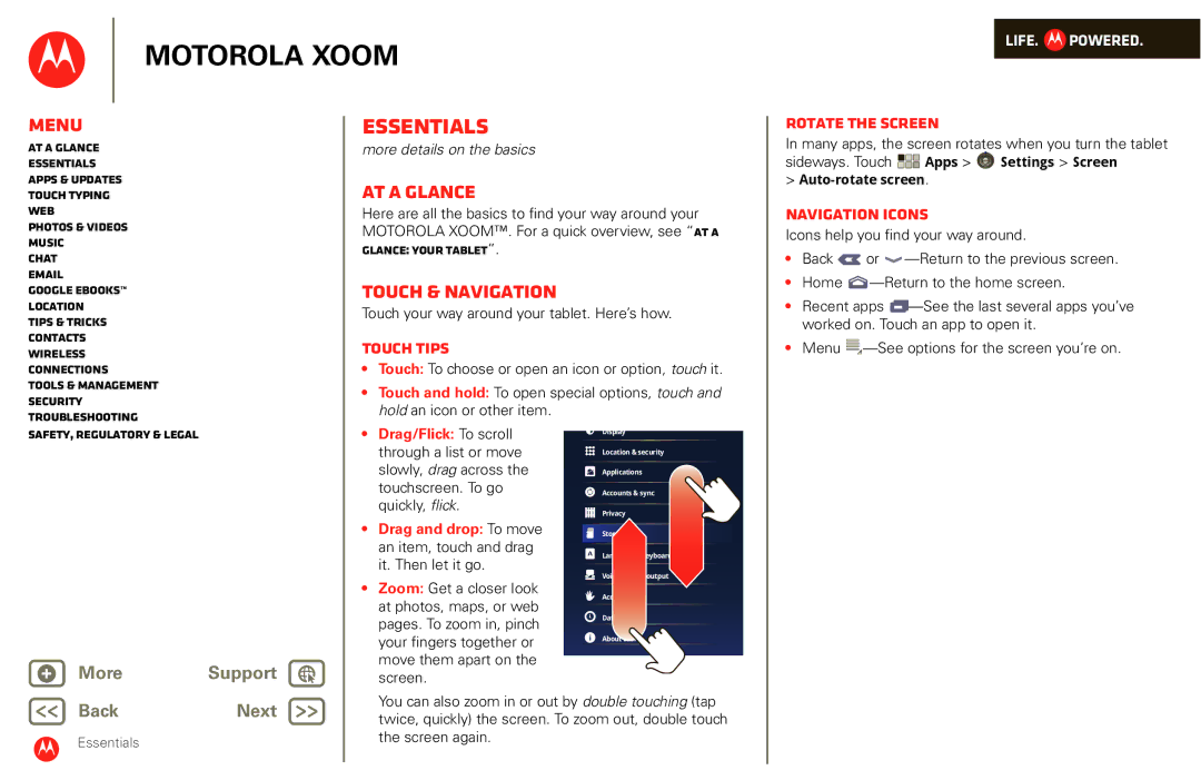 Motorola XOOM manual Essentials, At a glance, Touch & navigation 