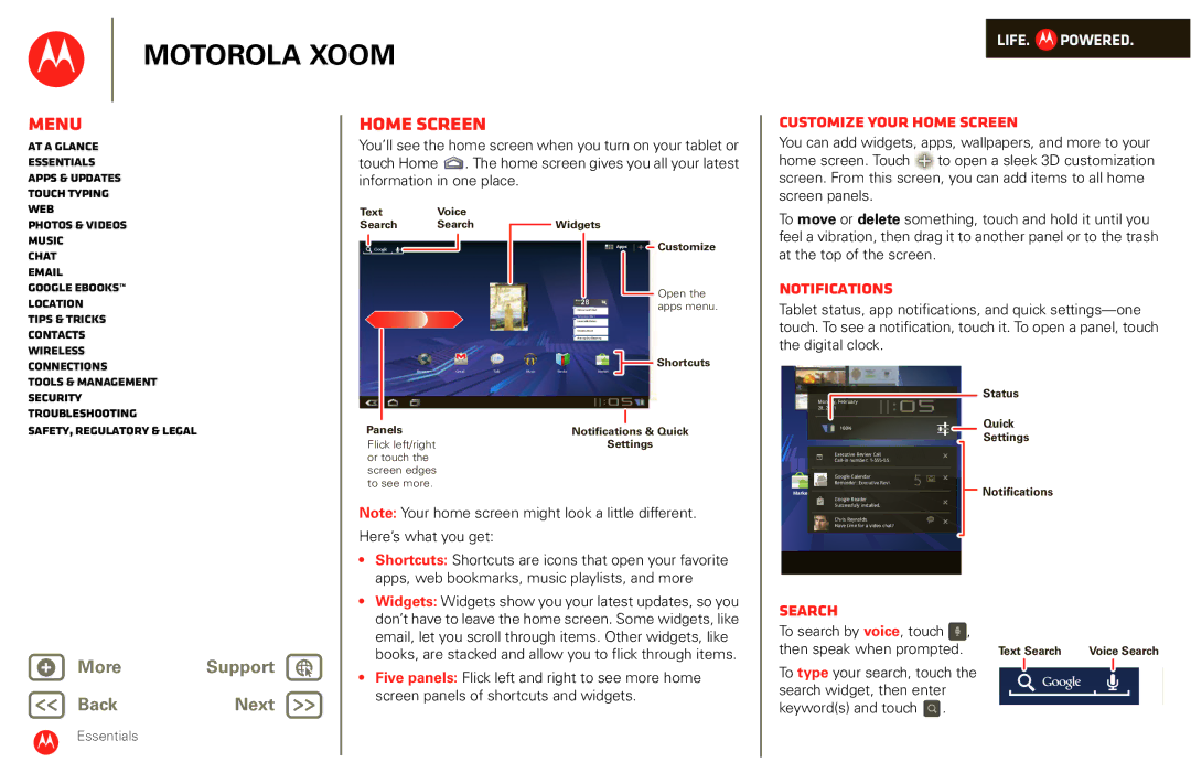 Motorola XOOM manual Customize your home screen, Notifications, Search, At a glance Essentials Apps & updates Touch typing 