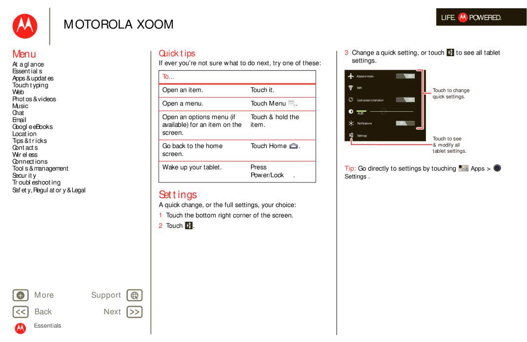 Motorola XOOM manual Settings, Quick tips, At a glance, Wake up your tablet Press Power/Lock 