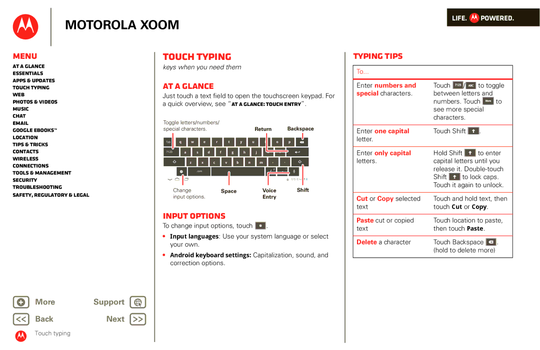 Motorola XOOM manual Touch typing, Input options, Typing tips 