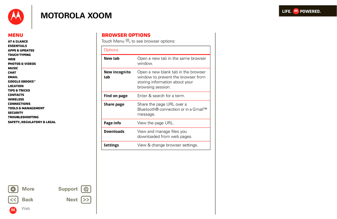 Motorola XOOM manual Browser options 