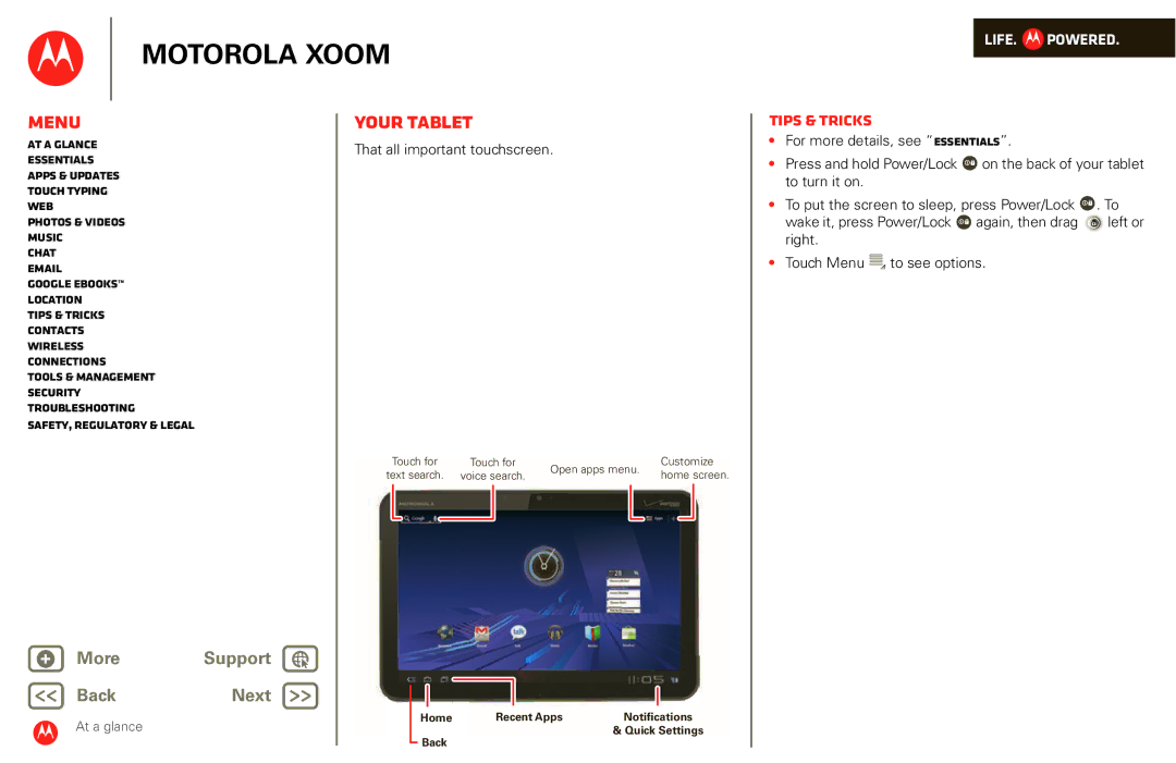 Motorola XOOM manual Your tablet, That all important touchscreen, Home Recent Apps Notifications & Quick Settings Back 