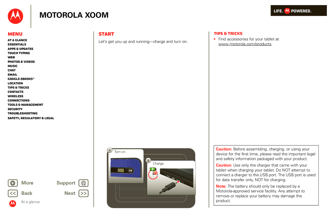 Motorola XOOM manual Start, Let’s get you up and running-charge and turn on, Product 