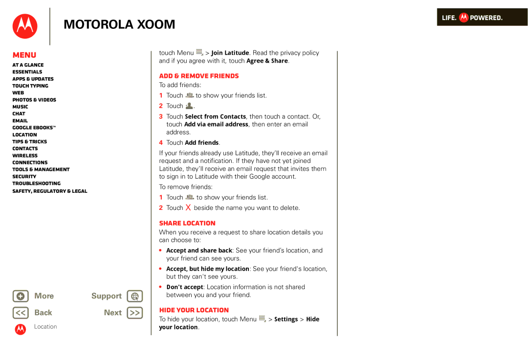 Motorola XOOM manual Add & remove friends, Share location, Hide your location, Touch Add friends 