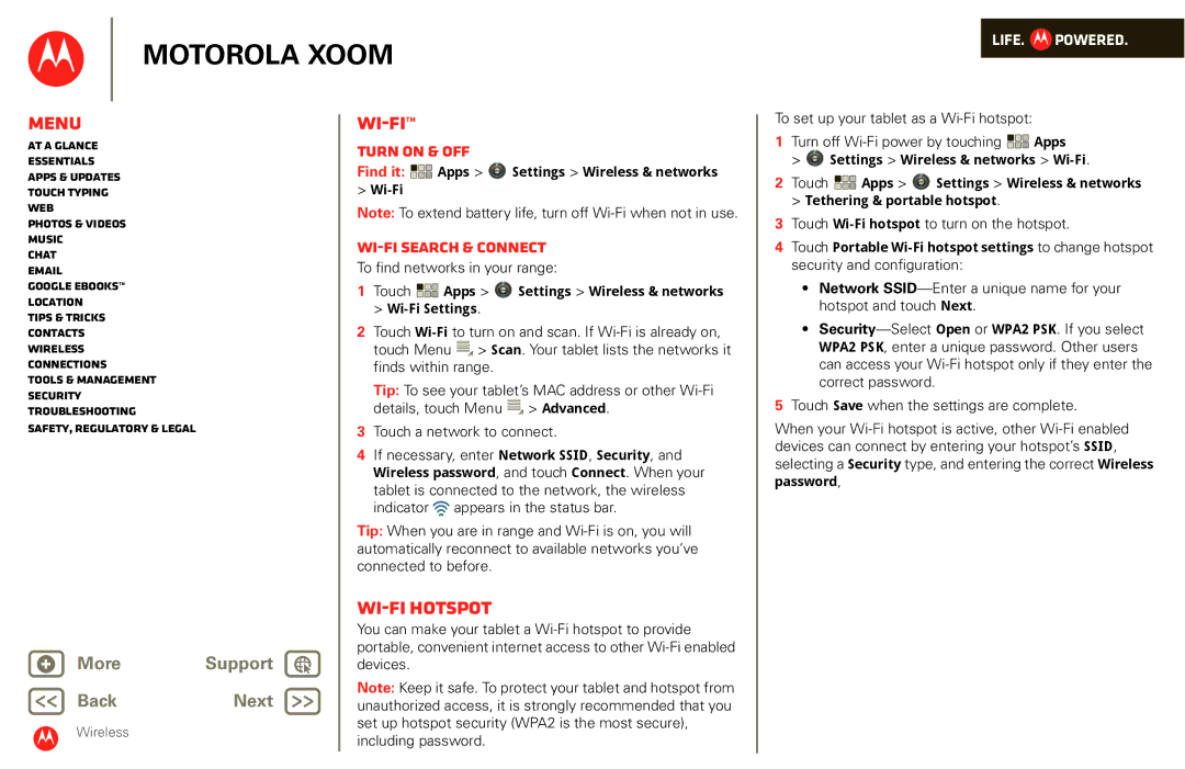 Motorola XOOM manual Wi-Fi hotspot, Turn on & off, Wi-Fi search & connect 