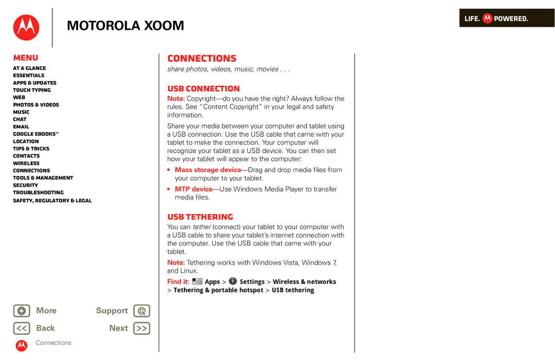 Motorola XOOM manual Connections, USB connection, USB tethering 