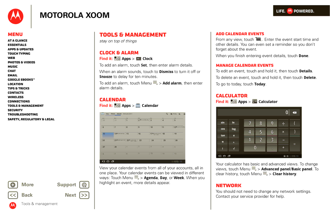 Motorola XOOM manual Tools & management, Clock & alarm, Calendar, Calculator, Network 