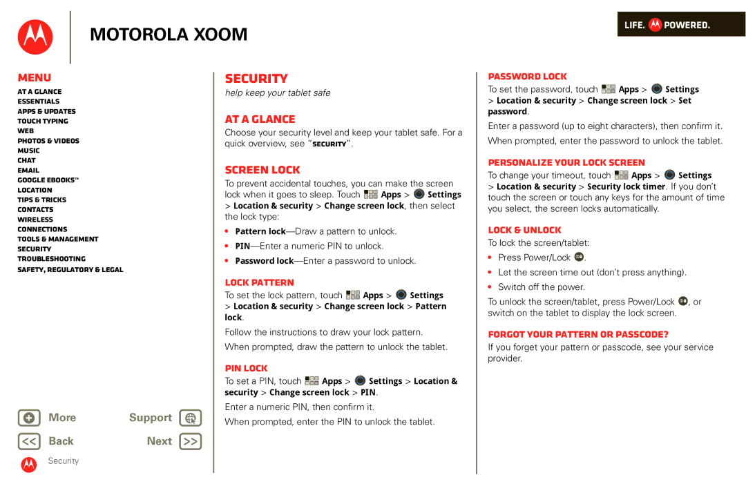 Motorola XOOM manual Security, Screen lock 