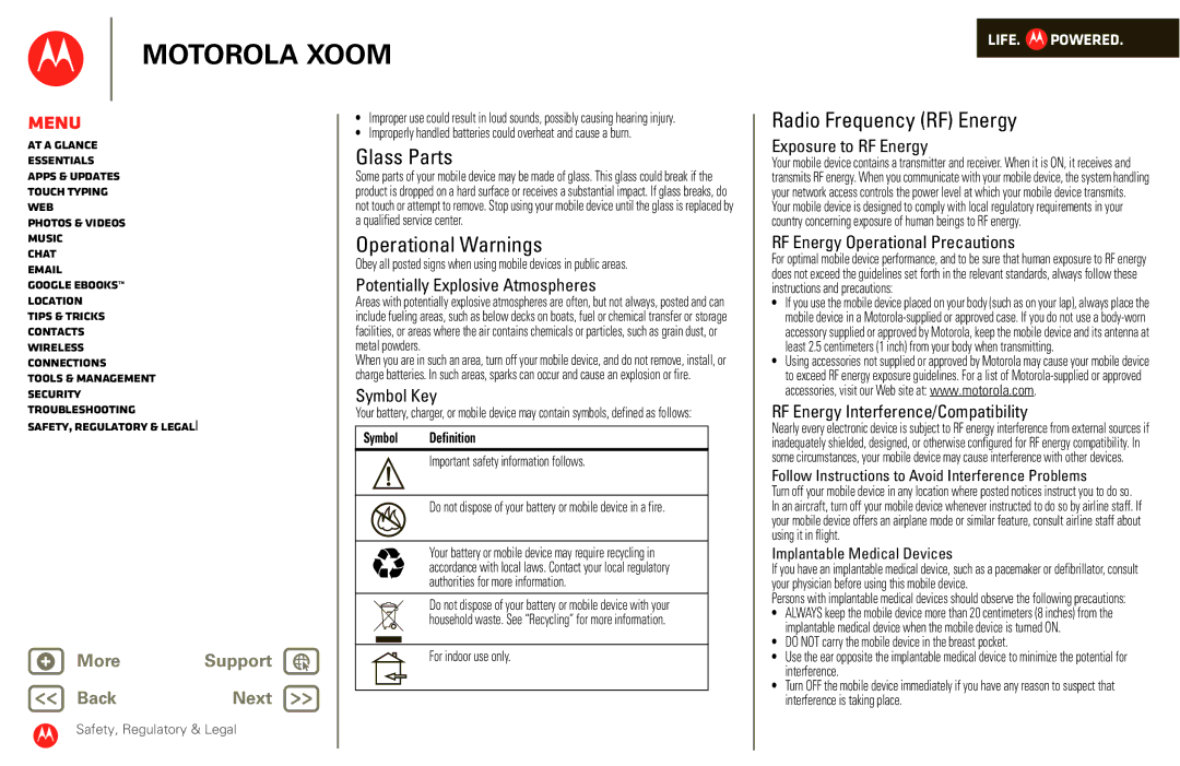 Motorola XOOM manual Glass Parts, Operational Warnings, Radio Frequency RF Energy, Symbol Definition 