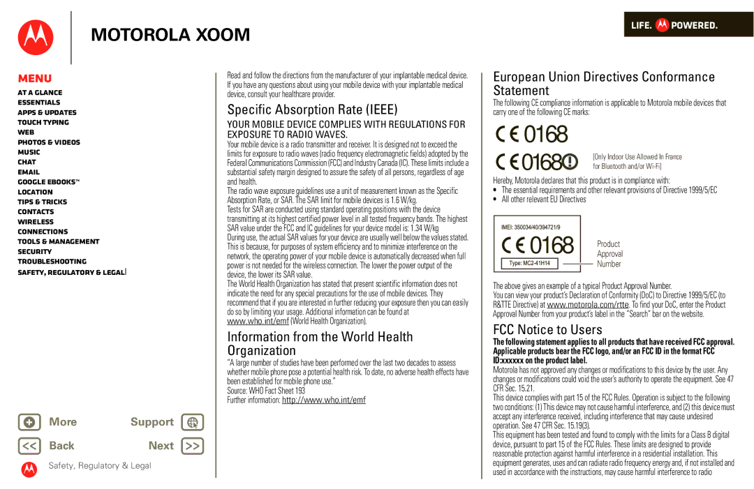 Motorola XOOM manual Specific Absorption Rate Ieee, Information from the World Health Organization, FCC Notice to Users 