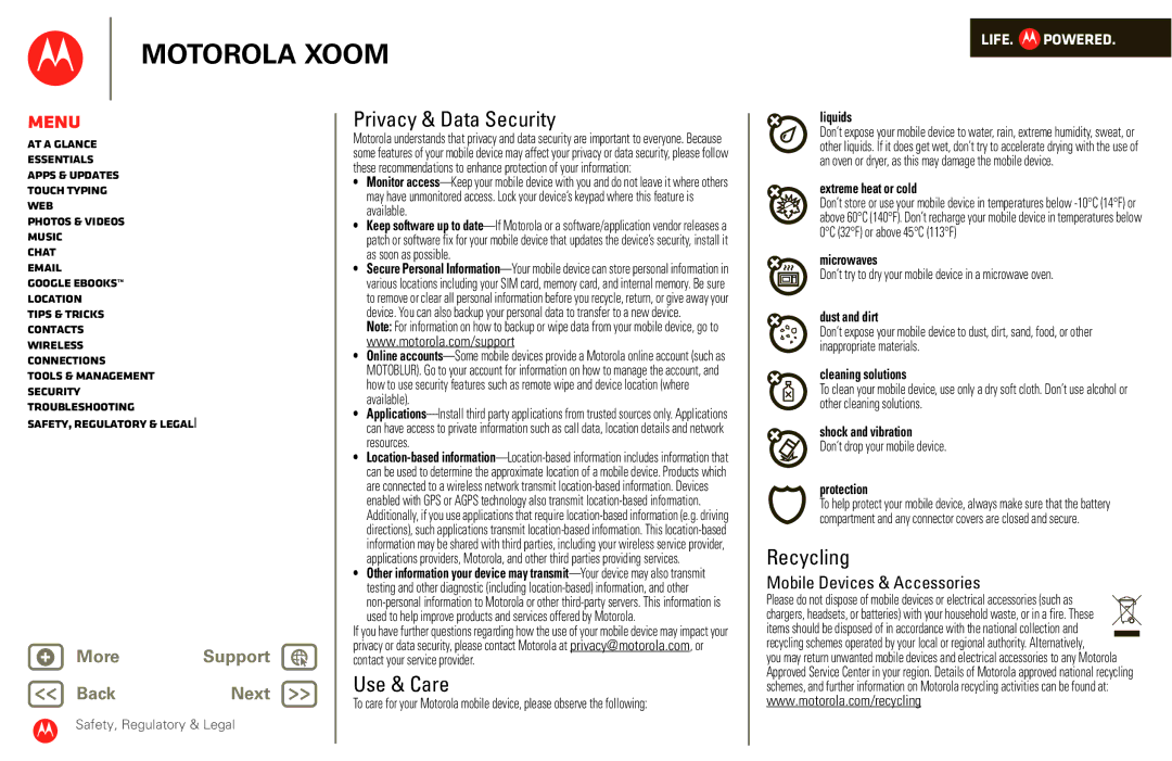 Motorola XOOM manual Privacy & Data Security, Use & Care, Recycling 