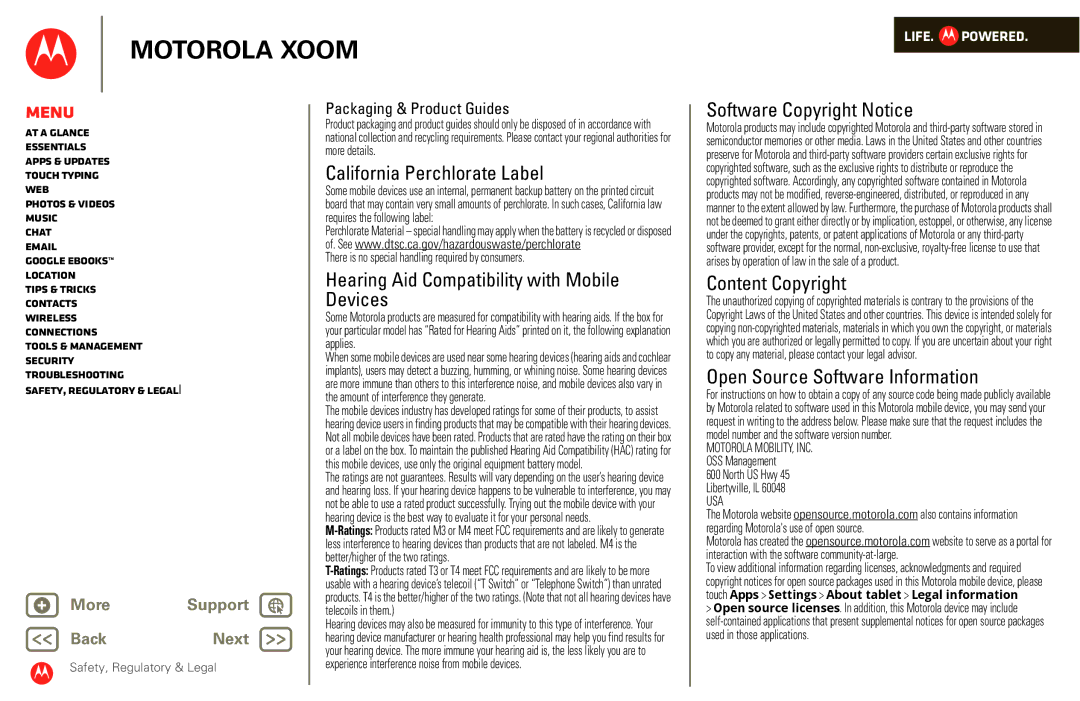 Motorola XOOM manual California Perchlorate Label, Hearing Aid Compatibility with Mobile Devices, Software Copyright Notice 