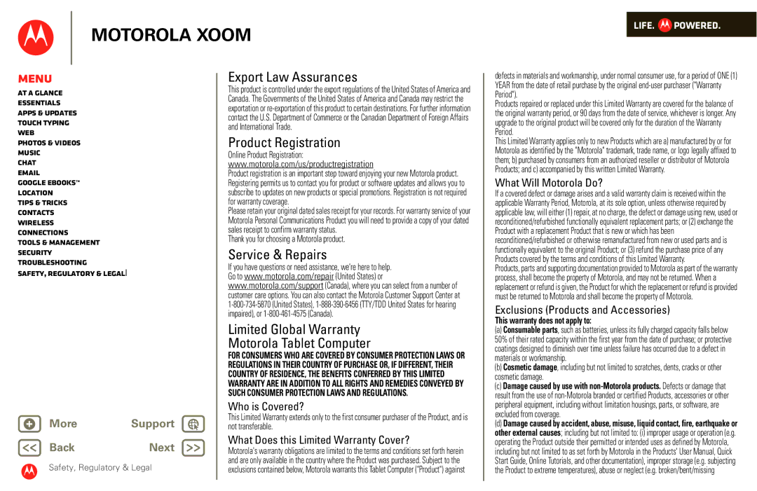 Motorola XOOM manual Export Law Assurances, OnlineRegistration Product Registration, This warranty does not apply to 