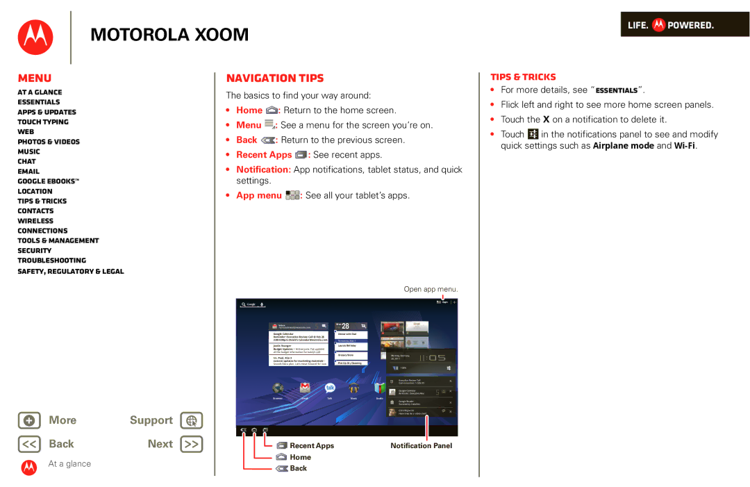 Motorola XOOM manual Navigation tips, Recent Apps Notification Panel Home Back 